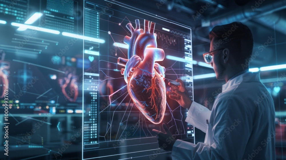 Poster A man is looking at a computer screen with a heart on it