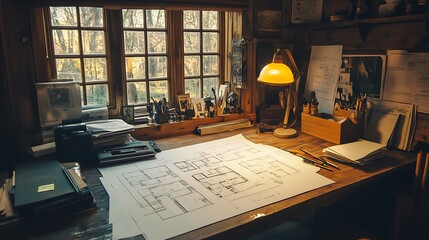A drafting table with house plans spread out under a bright desk lamp, surrounded by architectural tools. 