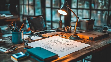 A drafting table with house plans spread out under a bright desk lamp, surrounded by architectural tools. 