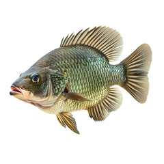 Fototapeta premium Fresh tilapia fish on a white isolated background, showcasing its vibrant colors and detail, perfect for culinary presentations or seafood-related content.