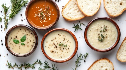 Flat-lay of Creamy Vegan Soup with Bread on White Table