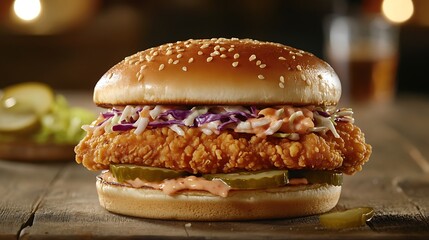 A crispy fried chicken sandwich topped with coleslaw and pickles