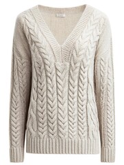 Fototapeta premium Beige Cable Knit V-Neck Sweater Isolated on White Background.