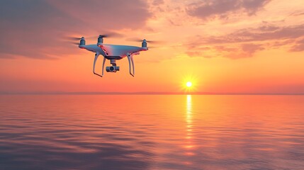 Drone hovering at sunset over a calm ocean capturing beautiful twilight