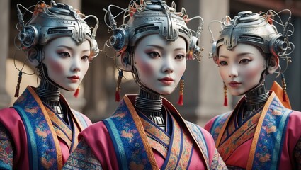 Fototapeta premium Three elegantly designed humanoids, wearing vibrant traditional garments, stand together. Their striking features and intricate headgear embody a fusion of ancient heritage and futuristic technology