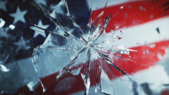 A shattered mirror reflecting the American flag, symbolizing a fractured national identity