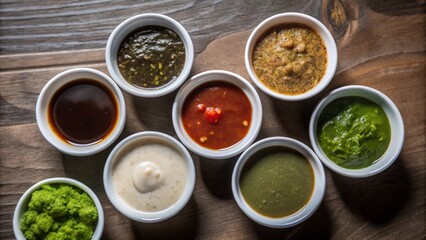 Set of different Sauce in white bowl from top view isolated on background, flat lay of various tasty dipping sauces cuisine.