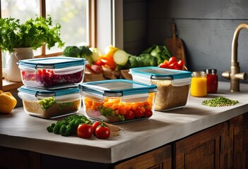 vibrant organized meal prep containers artfully arranged efficient food storage fresh meals, colorful, kitchen, healthy, packaging, lunch, dinner, weekly