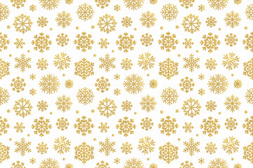 ゴールドのキラキラした雪の結晶のシームレスパターン、白背景