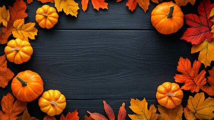  Urokliwa jesienna ramka ozdobiona r&oacute;żnorodnymi, kolorowymi liśćmi i małymi dyniami, idealna na świąteczne kartki. 