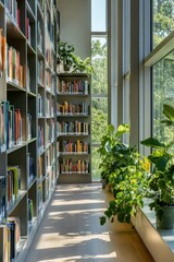 Bright Modern Library with Tall Windows and Lush Green Plants Alongside Bookshelves