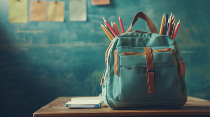 Na drewnianym stole znajduje się plecak, z którego wystają różnorodne materiały edukacyjne, symbolizujące radość z powrotu do nauki i kreatywności.