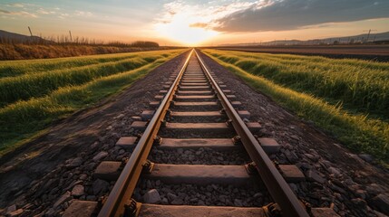 Fototapeta premium Railroad Tracks Leading to Sunset