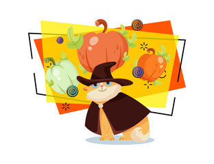 Cute cat character in hat and mantle vector illustration. Pumpkins and candies on abstract background. Halloween, pet, magic concept. Can be used for banner, poster or invitation design