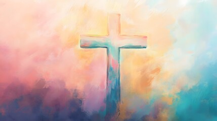 A simple cross in the background, colorful pastel colors, digital painting in the style of Impressionism