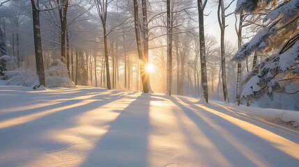 Snow-covered forest at sunrise, with golden light filtering through the trees, casting long shadows on the untouched white ground. beautiful landscape winter wallpaper 