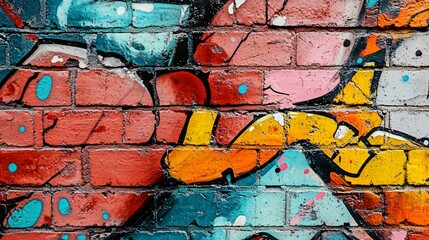 Close-up of a weathered brick wall covered in colorful spray paint.