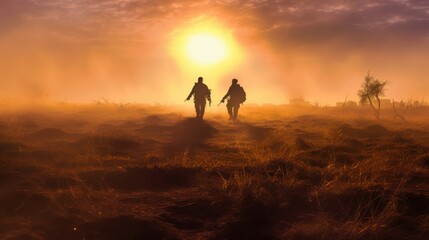 Fototapeta premium Silhouettes of Two Figures Walking Towards a Setting Sun