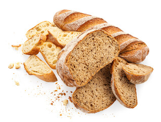 Cutting slices of wholegrain wheat bread with crumbs  isolated on white background. Rye, wheat toast bread pieces collection top view, flat lay..