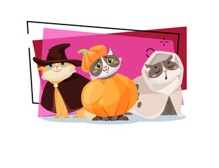 Cute kitten characters in Halloween costumes vector illustration on abstract background. Halloween party, celebration, pet, carnival concept. Can be used for banner, poster or invitation design
