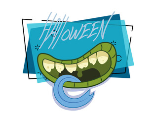 Halloween lettering with monster mouth and tongue. Invitation or banner design. Halloween celebration concept. Handwritten text, calligraphy. Vector illustration can be used for leaflet or poster