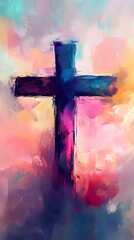 A simple cross in the background, colorful pastel colors, digital painting in the style of Impressionism