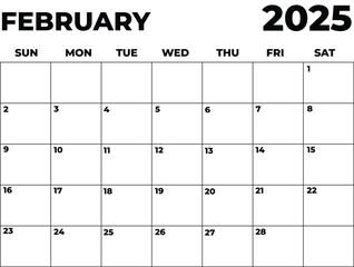 Monthly Planner February 2025, Minimalist Black and White Calendar, Sunday Start Printable Calendar, Plain calendar, Dated Monthly Planner, Simple Monthly Organizer, Landscape Monthly Planner