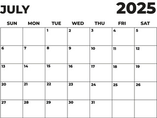 Monthly Planner July 2025, Minimalist Black and White Calendar, Sunday Start Printable Calendar, Plain calendar, Dated Monthly Planner, Simple Monthly Organizer, Landscape Monthly Planner