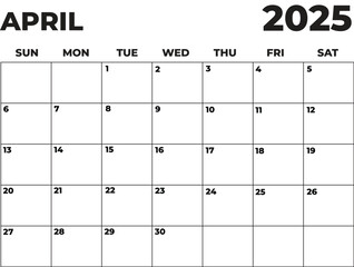 Monthly Planner April 2025, Minimalist Black and White Calendar, Sunday Start Printable Calendar, Plain calendar, Dated Monthly Planner, Simple Monthly Organizer, Landscape Monthly Planner