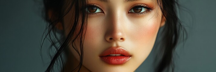 Fototapeta premium studio photo of a beautiful and sensual Asian model isolated on background with copy space, concept of beauty, makeup and cosmetics