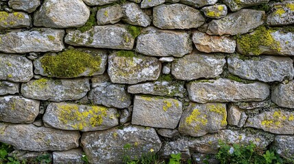 Fototapeta premium Close-up of a weathered stone wall with green moss and lichen growing on it.