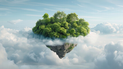 Imagination fantasy of forest on mountain island is floating above the clouds in the sky. Future of environmental quality in technology