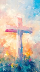 A simple cross in the background, colorful pastel colors, digital painting in the style of Impressionism