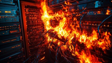 Data center under fire hazard scenario depicting a server room in flames