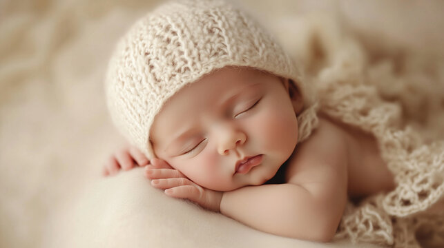 Malutkie dziecko w przytulnym ł&oacute;żeczku, śpiące z delikatnym uśmiechem na twarzy. 