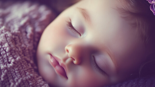 Malutkie dziecko w przytulnym ł&oacute;żeczku, śpiące z delikatnym uśmiechem na twarzy. 