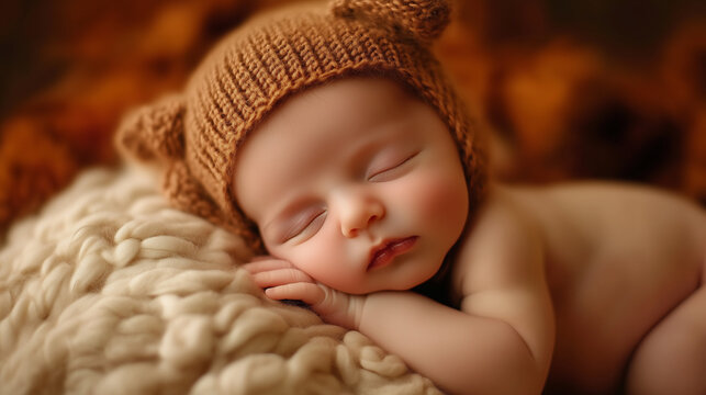 Malutkie dziecko w przytulnym ł&oacute;żeczku, śpiące z delikatnym uśmiechem na twarzy. 