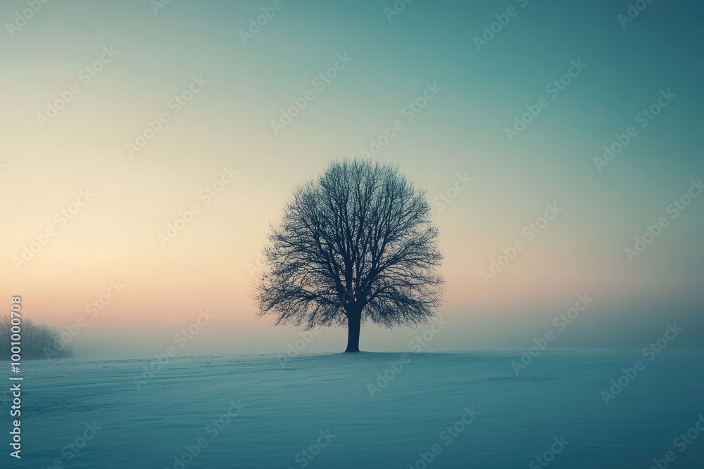 Poster Solitary Bare Tree Silhouetted Against Misty Dawn Sky