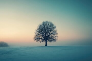 Solitary Bare Tree Silhouetted Against Misty Dawn Sky