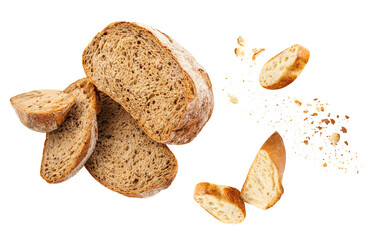 Flying Bread Crumbs isolated. Scattered Bread Crumbs Explosion with Cutting slices of wholegrain wheat bread on white background.