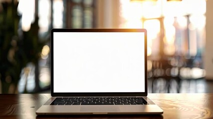 A laptop with a blank screen sits on a wooden table in a cafe