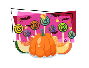Squash and pieces of pumpkin with lollipops and flying bats on abstract background. Halloween celebration, party, holiday concept. Vector illustration can be used for banner or invitation design