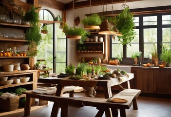 Fototapeta premium vibrant farm table ingredients artfully presented eco friendly tableware showcasing sustainable dining aesthetic, artisanal, arrangement, appeal, atmosphere