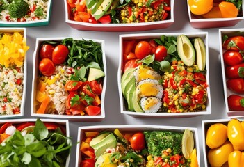 vibrant meal boxes featuring colorful selection culinary delights including fresh ingredients diverse flavors, food, dish, platter, taste, salad, vegetable