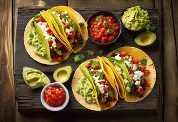 vibrant taco platter featuring colorful toppings rustic wooden table delicious culinary experience, meal, snack, cuisine, vegetarian, ingredients, fresh