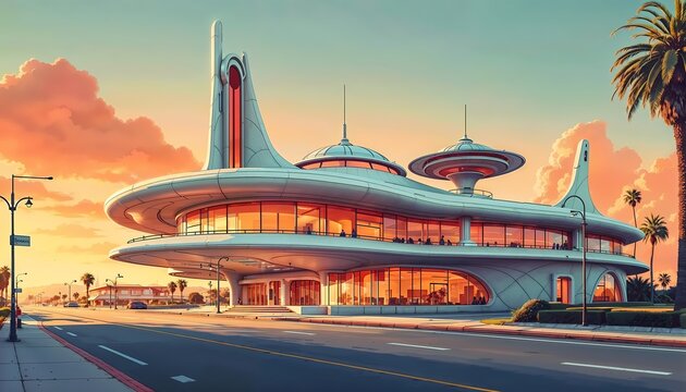 Retro-Futuristic Googie Diner with Bold Design at Sunset