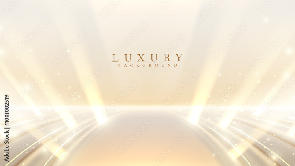 Poster luxurious golden background featuring light beams and sparkling particles with bokeh effects, ideal 