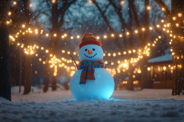 Obraz premium A cheerful snowman stands in a snowy park. Twinkling lights create a magical atmosphere around it. Perfect for winter celebrations and holiday themes. Generative AI.