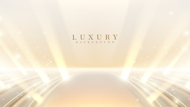 Luxurious golden background featuring light beams and sparkling particles with bokeh effects, ideal for award ceremonies, event promotions, and elegant stage designs.