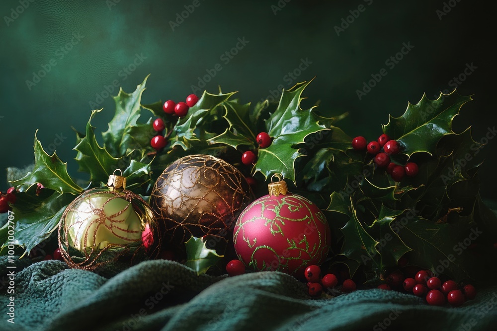 Canvas Prints Christmas Ornaments Nestled in Holly and Berries